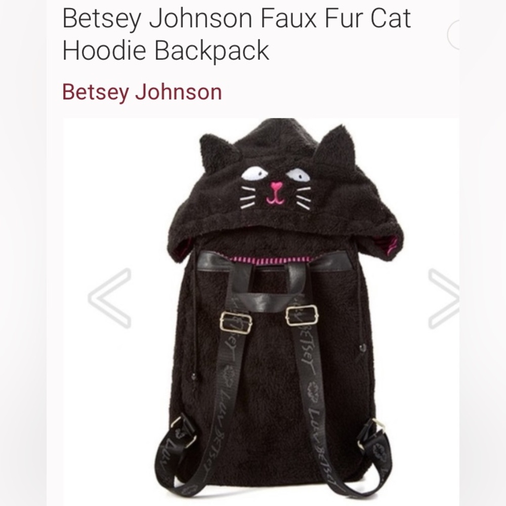 Betsey Johnson Faux Fur Cat Hoodie Backpack Furry Soft Cat Hood Black Awesome